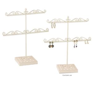 Display, 2-tier, steel / antiqued "pewter" (zinc-based alloy) /glass rhinestone, cream and clear, 8.25 x 8 x 2.75 inches, holds 14 pairs. Sold individually.