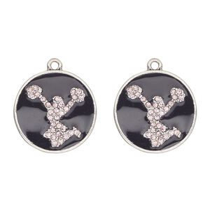 Charm, antique silver-finished "pewter" (zinc-based alloy) / enamel / glass, black and pink, 24mm single-sided cheerleader round. Sold per pkg of 2.