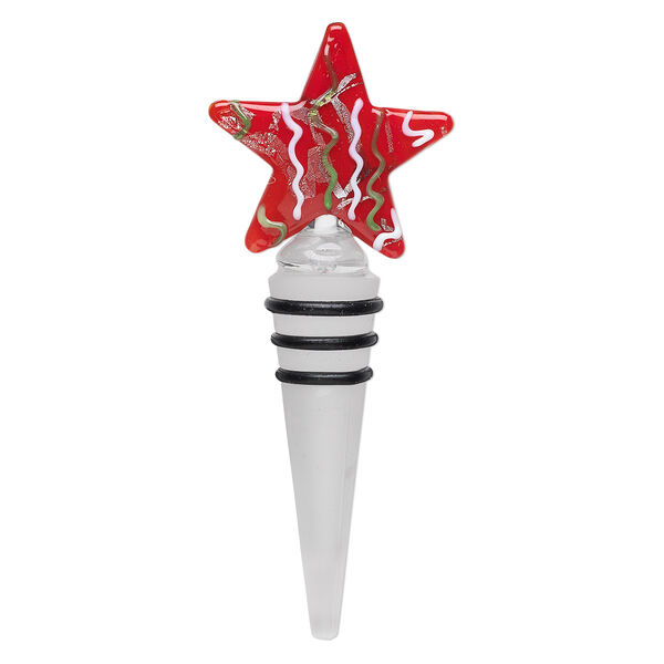 Wine bottle stopper, lampworked glass, frosted clear/red/white, 5x2 inch with star topper and three rubber rings. Sold individually. image number 0
