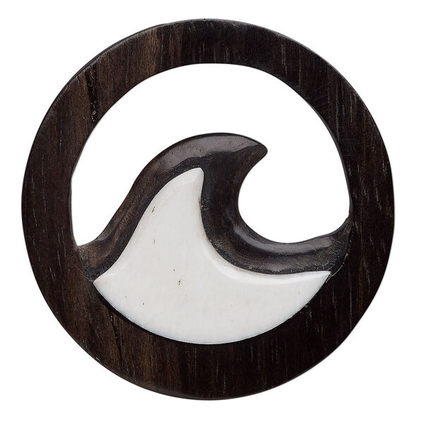 Focal, arang wood and bone (bleached), 34mm hand-carved single-sided cutout wave. Sold individually. image number 0
