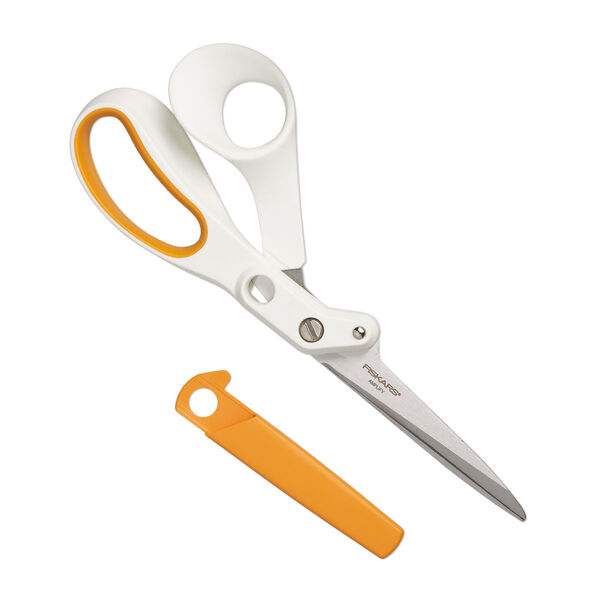 Scissors, FISKARS® Amplify™, plastic and stainless steel, white and orange, 8x3 inches. Sold individually. image number 0