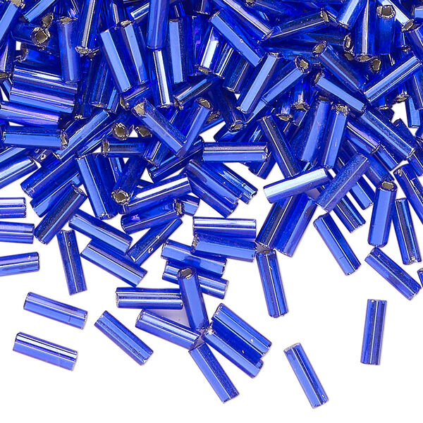 Bugle bead glass 50 g pk #3 round tube, opaque silver-lined blue image number 0
