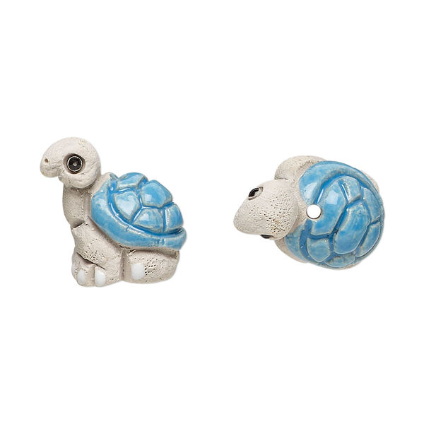 Bead, glazed ceramic, multicolored, 18x14mm hand-painted turtle. Sold per pkg of 2. image number 0