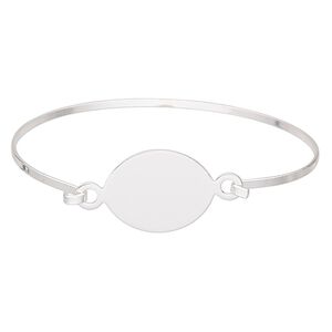 Bracelet component, bangle, silver-finished brass and "pewter" (zinc-based alloy), 20.5mm wide with 24x20mm oval flat pad setting, 8 inches. Sold individually.
