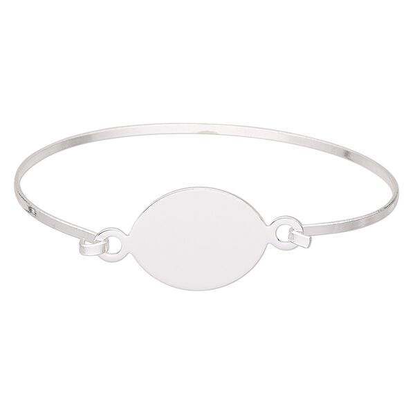 Bracelet component, bangle, silver-finished brass and "pewter" (zinc-based alloy), 20.5mm wide with 24x20mm oval flat pad setting, 8 inches. Sold individually. image number 0