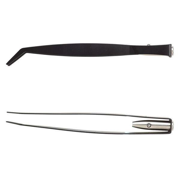 Tweezers, glass / plastic / black-finished steel, clear, 6-3/4 inch bent nose with serrated jaws and LED bulb. Sold individually. image number 0