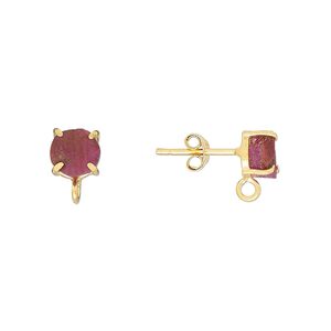 Sterling silver / ruby 1pkg2, rough nugget earstud / closed loop gold-plated 5-7mm