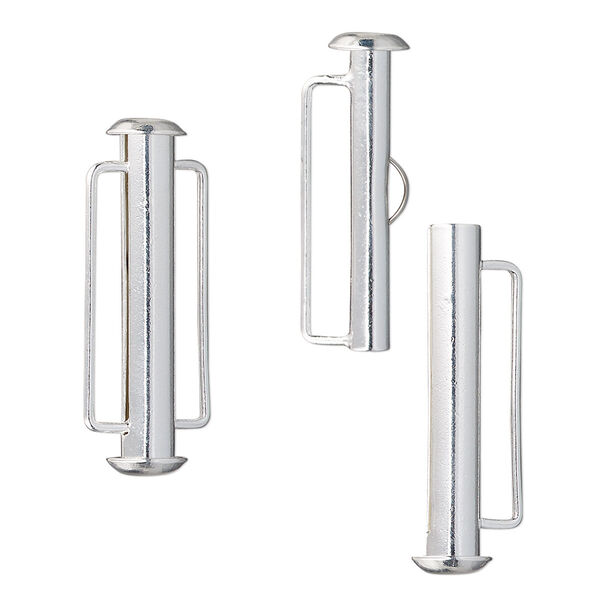 Clasp, slide lock, silver-plated brass, 26x6mm round tube. Sold per pkg of 4. image number 0