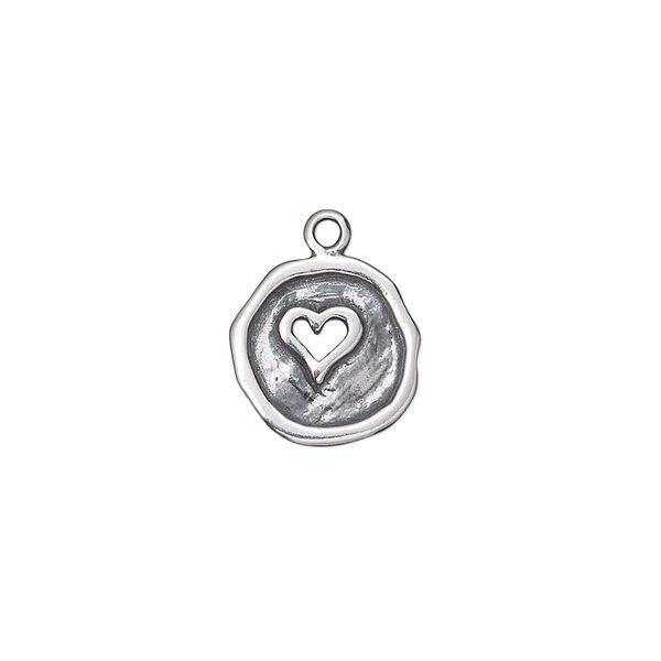 Drop, antiqued sterling silver, 12-13mm single-sided irregular round with cutout heart. Sold individually. image number 0
