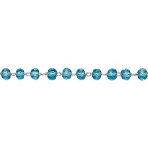 Chain 1pkg1 beaded, 3.5mm faceted rondelle, turquoise blue glass / stainless steel 1 yard unfinished