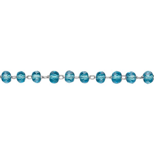 Chain, glass and stainless steel, turquoise blue, 3.5mm faceted rondelle. Sold per pkg of 1 yard. image number 0