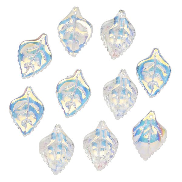 Drop, pressed glass, translucent AB clear, 23 x 16mm pressed leaf, top-drilled. top-drilled. Sold per pkg of 10. image number 0