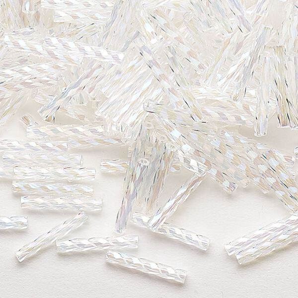 Bugle bead, Dyna-Mites™, glass, translucent rainbow clear, 12mm twisted. Sold per 50-gram pkg. image number 0