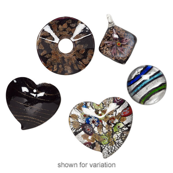 Focal mix, lampworked and millefiori glass, mixed colors, 41x32mm-61x51mm mixed shape. Sold per pkg of 5. image number 3