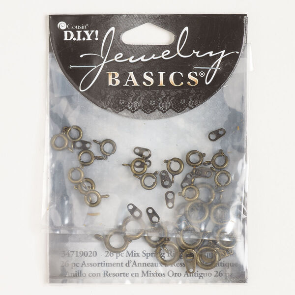 Clasp assortment, springring, steel and brass, pkg/26, 6-9mm round with chain tab, antique gold finish. image number 0