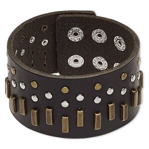 Bracelet, leather (dyed) / imitation rhodium- / antique brass-plated steel / "pewter" (zinc-based alloy), black, 38mm wide with rectangle and round studs, adjustable from 5-1/2 to 6-1/2 inches with double snap closure. Sold individually.