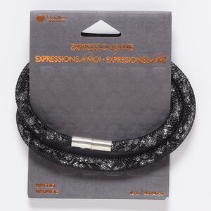 Bracelet, wrap, acrylic / nylon / silver-finished "pewter" (zinc-based alloy), black and silver, 6.5mm wide with mesh, 16 inches with magnetic clasp. Sold individually.