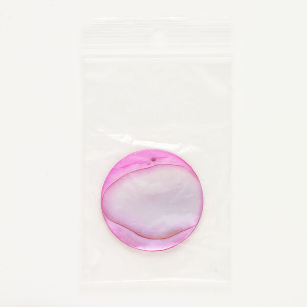 Focal, mother-of-pearl shell (dyed), pink, 35mm top-drilled flat round, Mohs hardness 3-1/2. Sold individually. image number 0