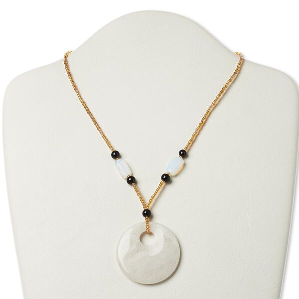 Necklace, multi-gemstone (natural / dyed / manmade) / glass / silver- or antiqued gold-finished "pewter" (zinc-based alloy), multicolored, 2-inch dangle with 44mm round go-go, 17 inches with lobster claw clasp. Sold individually. image number 0