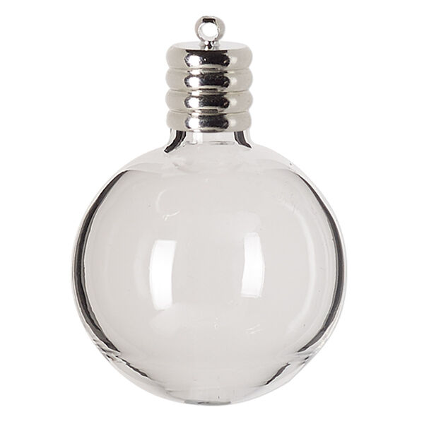 Component, lampworked glass and silver-finished brass, clear, 39x30mm-42x31mm round bottle with cap, 5.5mm hole. Sold individually. image number 0