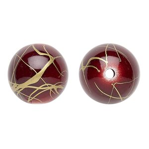 Bead, acrylic, red and gold, 18mm round with swirls. Sold per pkg of 30.
