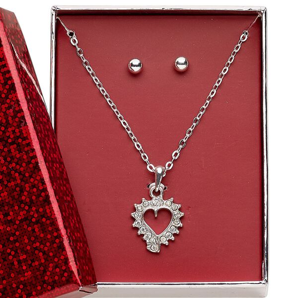 Necklace and earring set, glass rhinestone / silver-finished steel / "pewter" (zinc-based alloy), clear, 18x17mm open heart, 15" to 16" necklace with 3-inch extender chain and lobster claw clasp, 5mm round with post. Sold per set. image number 0