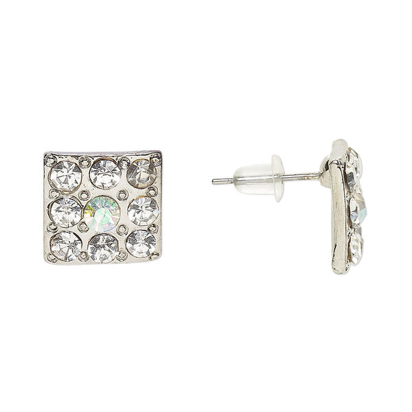 Earstud, Everyday Jewelry, antique silver-finished "pewter" (zinc-based alloy) and glass, clear AB, 12mm square. Sold per pair. image number 0