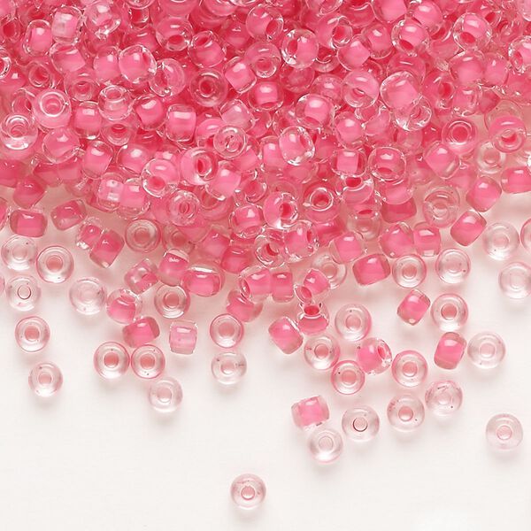 Seed bead, Dyna-Mites™, glass, translucent inside color pink, #8 round. Sold per 40-gram pkg. image number 0