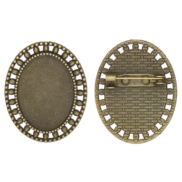 Brooch back, glue-in, antique brass-finished "pewter" (zinc-based alloy), 33x26.5mm single-sided oval with beaded edge with 25x18mm oval setting. Sold per pkg of 2. image number 0