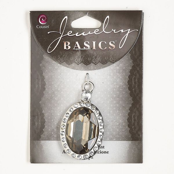 Focal, silver-finished "pewter" (zinc-based alloy) and glass, olive and clear, 43x28mm oval. Sold individually. image number 0