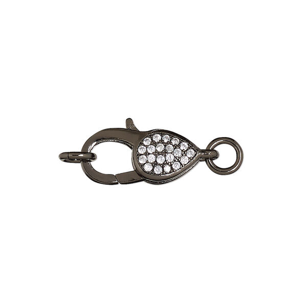 Clasp, lobster claw, cubic zirconia and black-finished brass, clear, 17x8mm double-sided with (2) 5.5mm jump rings. Sold individually. image number 0