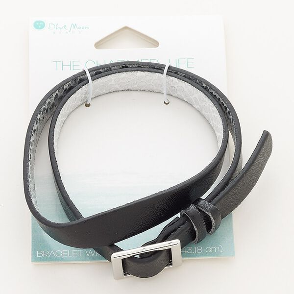 Bracelet, wrap, vinyl and silver-finished "pewter" (zinc-based alloy), black / white / silver, 10mm wide, 17 inches. Sold individually. image number 0