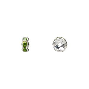 Bead, glass rhinestone and silver-plated brass, peridot green, 6x3mm rondelle. Sold per pkg of 10.