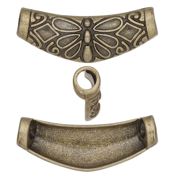 Slide, antique brass-finished "pewter" (zinc-based alloy), 39x16mm single-sided curved tube with butterfly design. Sold per pkg of 2. image number 0
