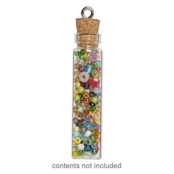 Component, glass / cork / nickel-finished steel, clear, 45x11mm bottle with stopper and screw eye. Sold per pkg of 10. image number 0
