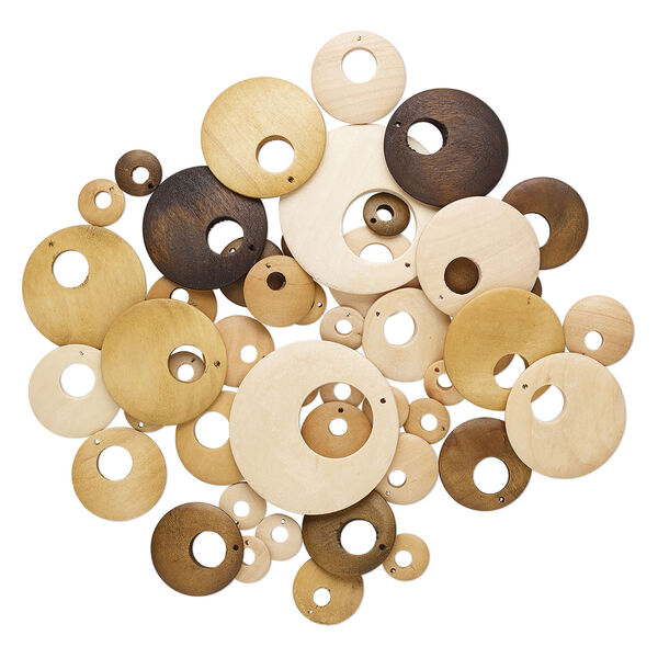 Focal and drop mix, wood (natural / dyed), light brown / medium brown / dark brown, 15-54mm round go-go. Sold per pkg of 50. image number 1