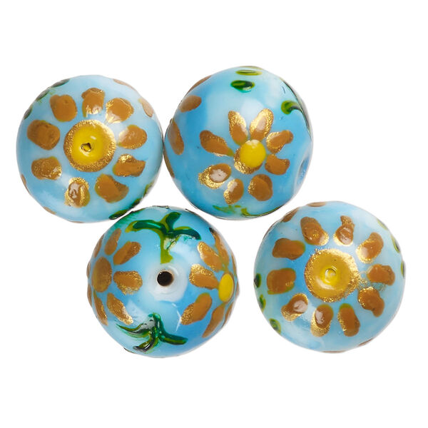 Bead, lampworked glass, opaque white / turquoise blue / metallic gold, 15-13mm round with painted flower design. Sold per pkg of 4. image number 0