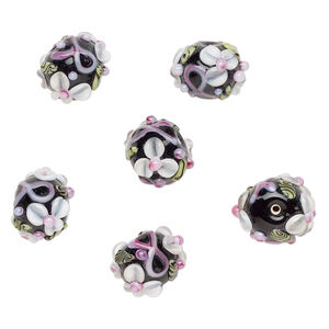 Bead, lampworked glass 1pkg6, multicolored, 20x14mm rondelle with flower and ribbon.