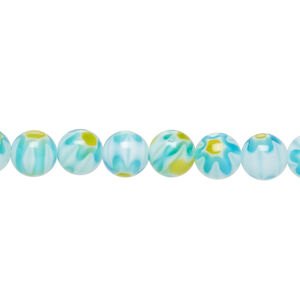 Bead, millefiori glass 1pkg1, translucent sky blue / bright yellow / multicolored, 6mm round, 15 inches.
