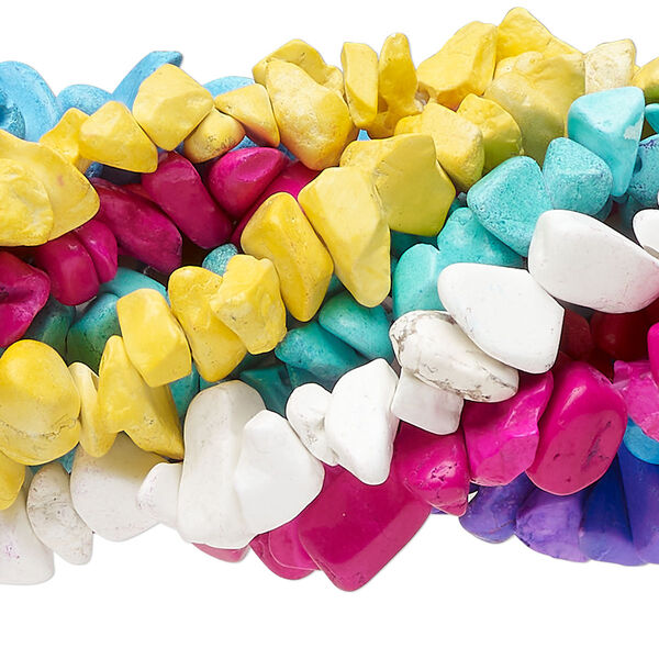 Bead mix, magnesite (dyed / stabilized), mixed colors, small chip, Mohs hardness 3-1/2 to 4. Sold per pkg of (7) 35-inch strands. image number 0