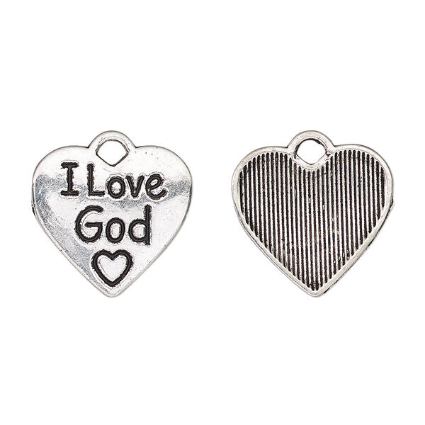 Charm, antique silver finish "pewter" (zinc-based alloy), 17x16mm two-sided heart with "I Love God." Sold per pkg of 2. image number 0