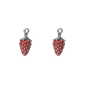 Charm, silver-plated "pewter" (zinc-based alloy) and enamel, red and green, 10x7mm double-sided strawberry with leaves. Sold per pkg of 2.