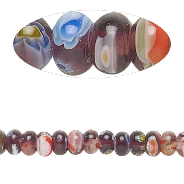 Bead, millefiori glass, translucent purple and multicolored, 6x4-6x6mm rondelle with flower and swirl design. Sold per 14-inch strand. image number 0