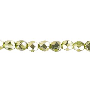 Bead, Czech fire-polished glass, opaque metallic silver green, 6mm faceted round. Sold per pkg of 1,200 (1 mass).