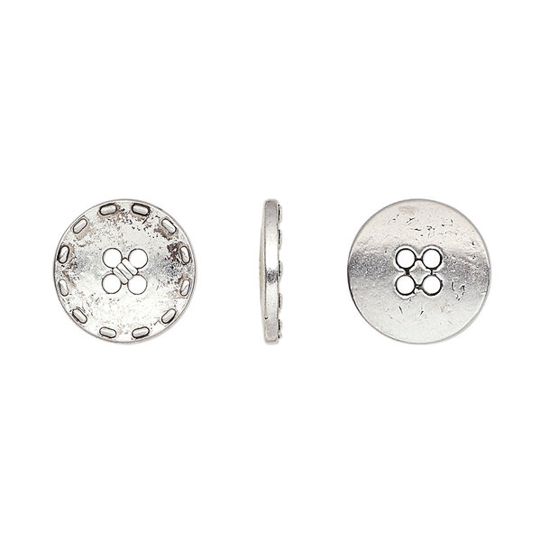 Button, antiqued silver-finished "pewter" (zinc-based alloy), 12mm single-sided flat round with stitched edge. Sold per pkg of 50. image number 0