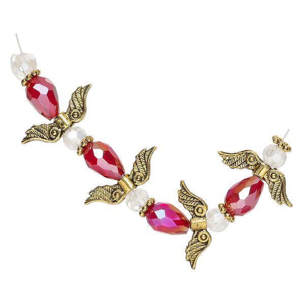 Bead, crystal and antique gold-finished "pewter" (zinc-based alloy), transparent red AB and clear, 23mm angel. Sold per pkg of 4. image number 0