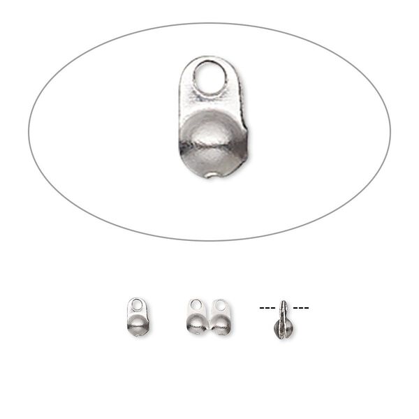 Bead tip, stainless steel, pkg/100, 4x2.5mm side clamp-on with double closed loop, fits 1.2-1.5mm ball chain image number 0