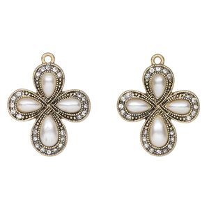 Drop, antique gold-finished "pewter" (zinc-based alloy), acrylic pearl and glass, clear and white, 29x26mm cross. Sold per pkg of 2.