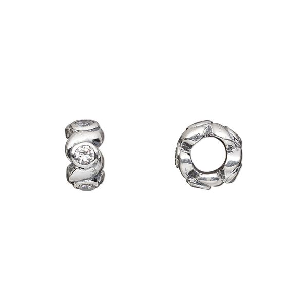 Bead, Dione®, sterling silver and cubic zirconia, clear, 10x5.5mm rondelle. Sold individually. image number 0
