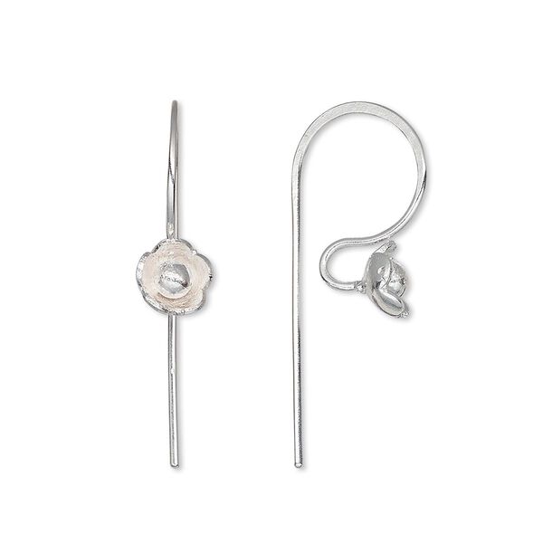 Ear wire, Hill Tribes, silver plate brass, 18mm fishhook with flower and open loop, 20 gauge. Sold per pair. image number 0